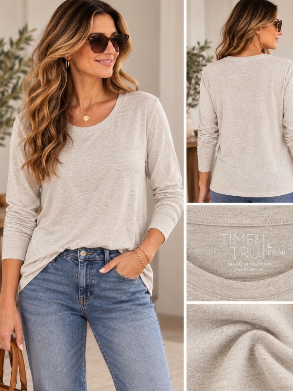 Time and Tru Oatmeal Ivory Long Sleeve Tee Soft Neutral Basic Timeless Staple L